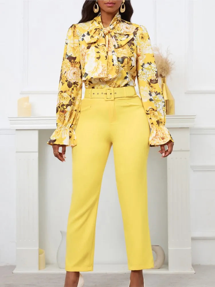 Fashion Print Two Piece Set Women Office Suits Tie Bow Neck Button Shirt + Belt Pencil Pants Elegant Slim Lady Sets Casual shirt