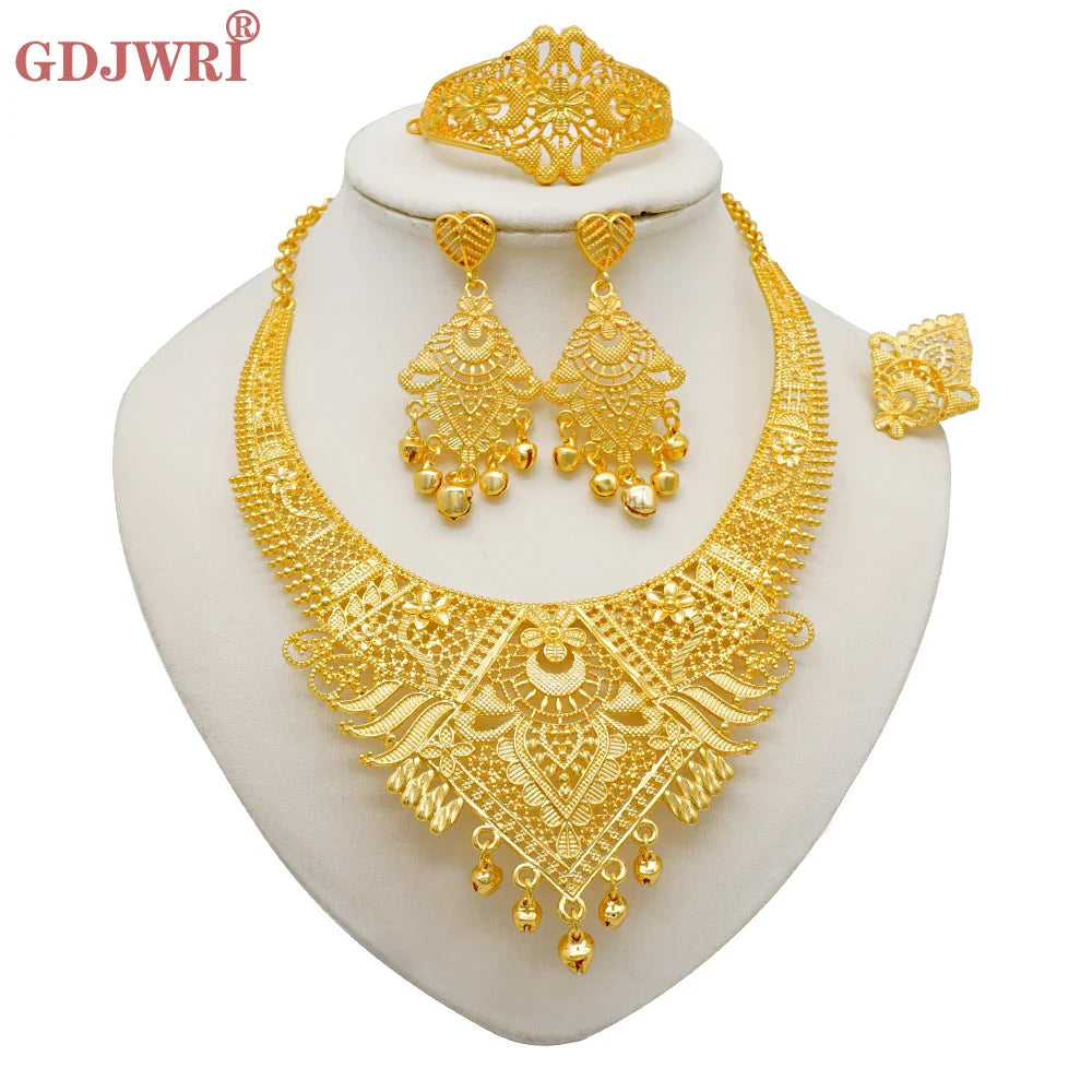Indian Dubai Gold Color Jewelry Sets For Women Earring & Necklace Nigeria Moroccan Bridal Wedding Party Gifts