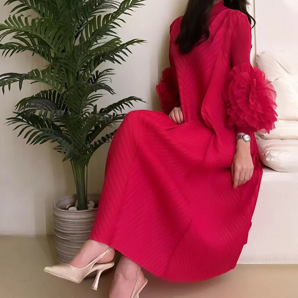 Pleated Maxi Long Dress Mesh Petal Sleeve Half Turtleneck Formal Dresses for Women 2024 New Hot Sales