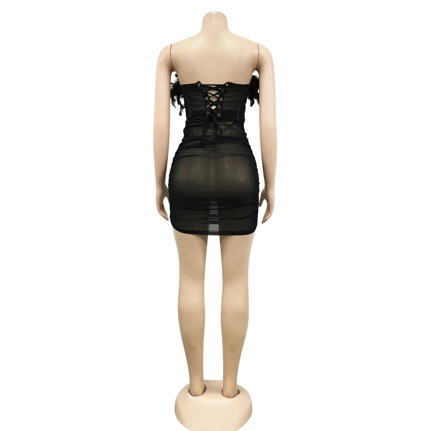 BKLD Co-ord Set Women Fashion Feathers Stitching Mesh Sheer Sexy Summer Two Piece Zip Up Corset Top And Bodycon Short Skirt Sets