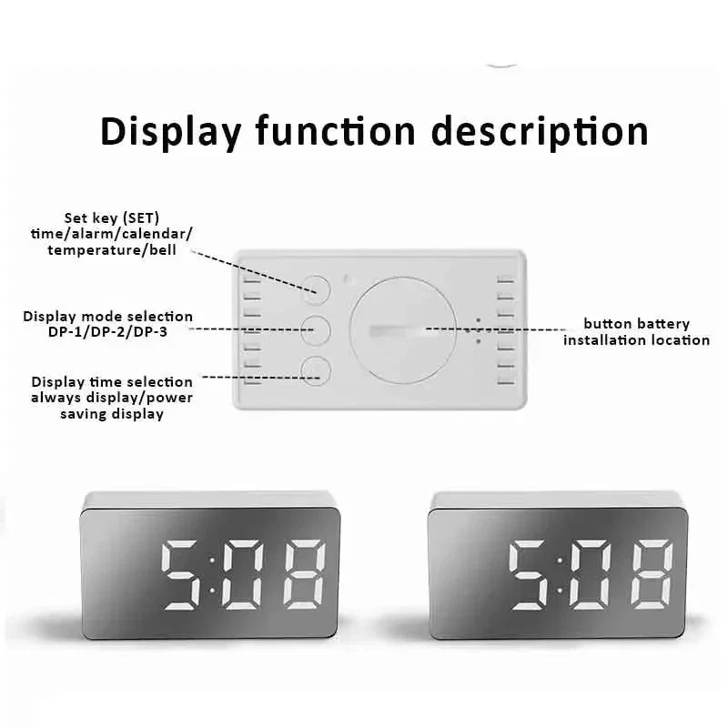 White LED Mirror Table Clock Snooze Display