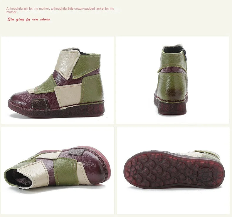 Winter Genuine Leather Flat-soled women shoes Casual shoes women Boots Color Matching Short Boots Warm Comfortable Cotton Shoes