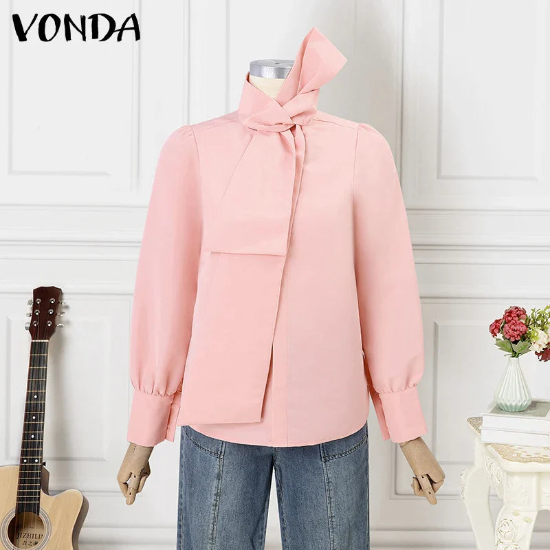 Plus Size 5XL VONDA Elegant Blouses Women Tops Streetwear Solid Color Casual Bow Collar Blusas 2024 Female Long Sleeve Shirts