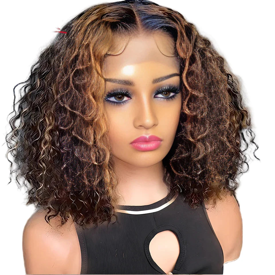 Brazilian Deep Curly Bob Hair Wigs Natural Black Color Brown HD Lace Front Part Transparent Highlight 4/27 Color Remy Hair Wig