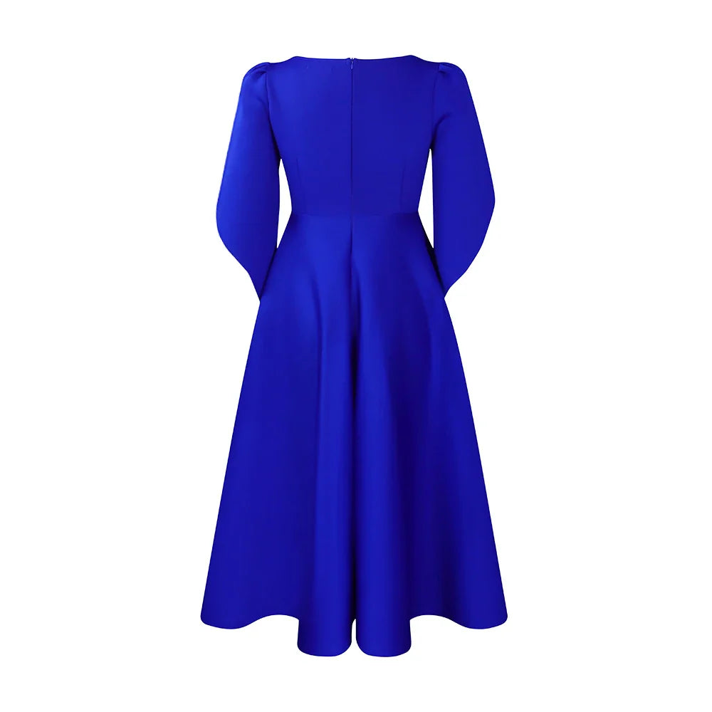 Elegant Dress Woman 2024 Wedding Party Round Neck Half Sleeve High Waisted Pleated Mid Calf Luxury Birthday Dinner Vestidos Robe