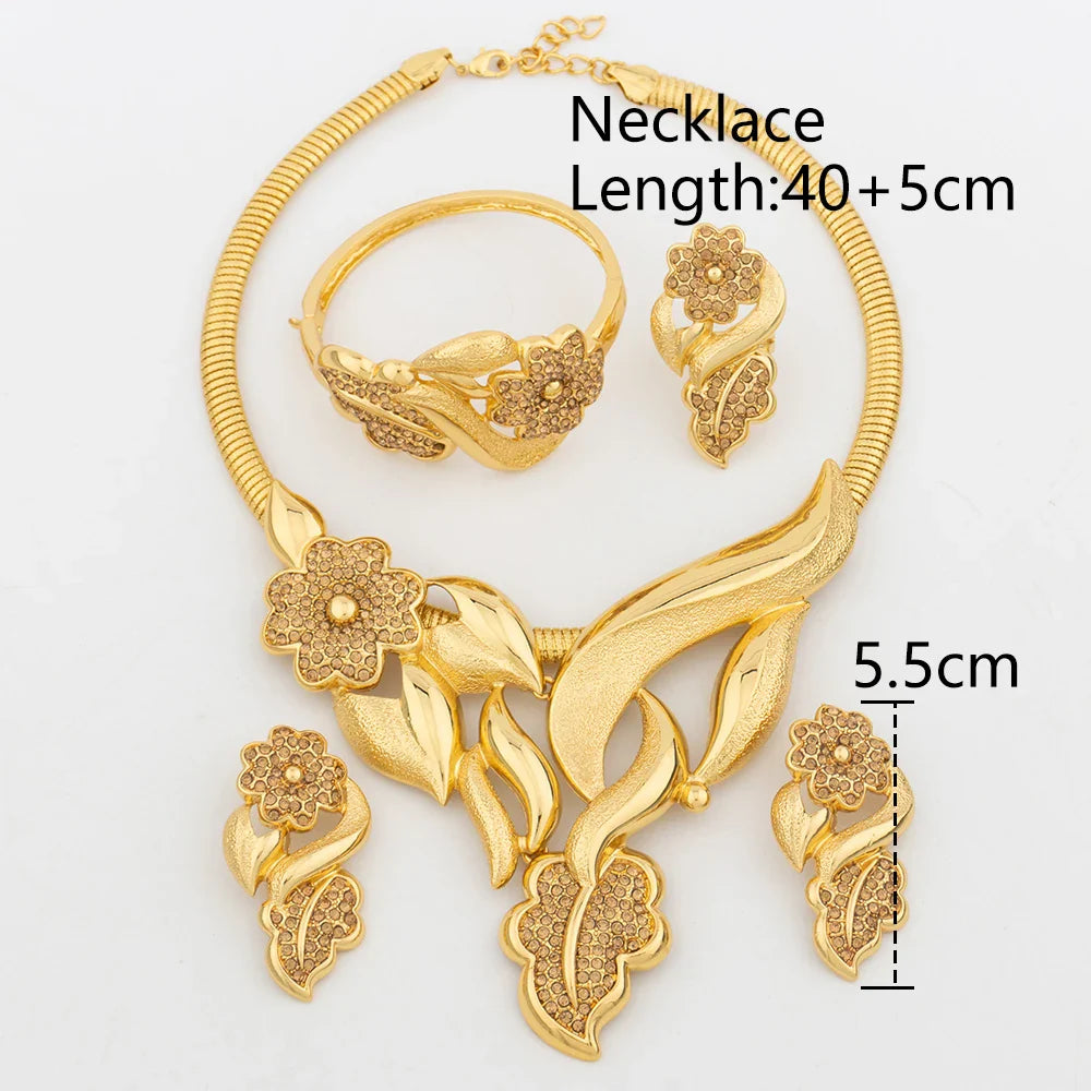 Luxury Flower Design Jewelry Set for Women, Gold Color Big Pendant Necklace and Earrings Bridal Weddings Nigerian Accessories