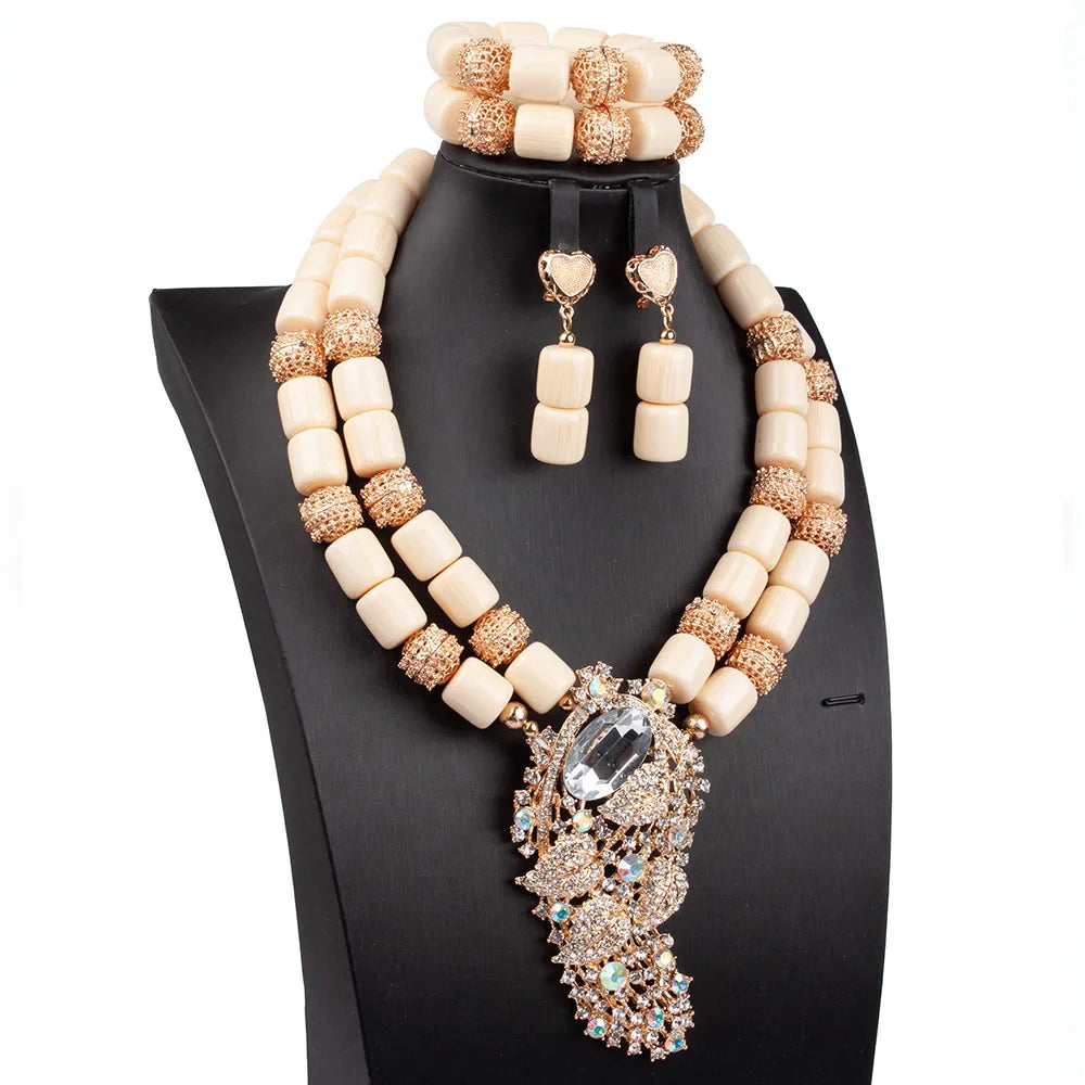 Artificial Coral Women Pendant Necklace Bracelets Earrings Suit African Wedding Jewelry Set Nigeria Bride Accessories Party Gift