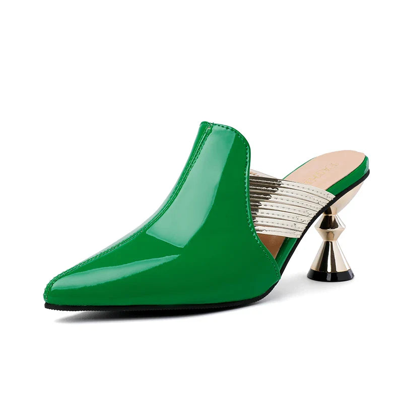High Heel Slippers Pointed Toe Shoes Woman Elegant Mules Shoes Women Black Green Metal Heel Outdoors Womens Slippers Big Size