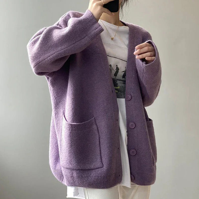 Rimcoy 2025 Chic Yellow Sweater Cardigan Women Lazy Wind Single-Breasted Knitted Cardigan Women Solid V Neck Cardigans Female