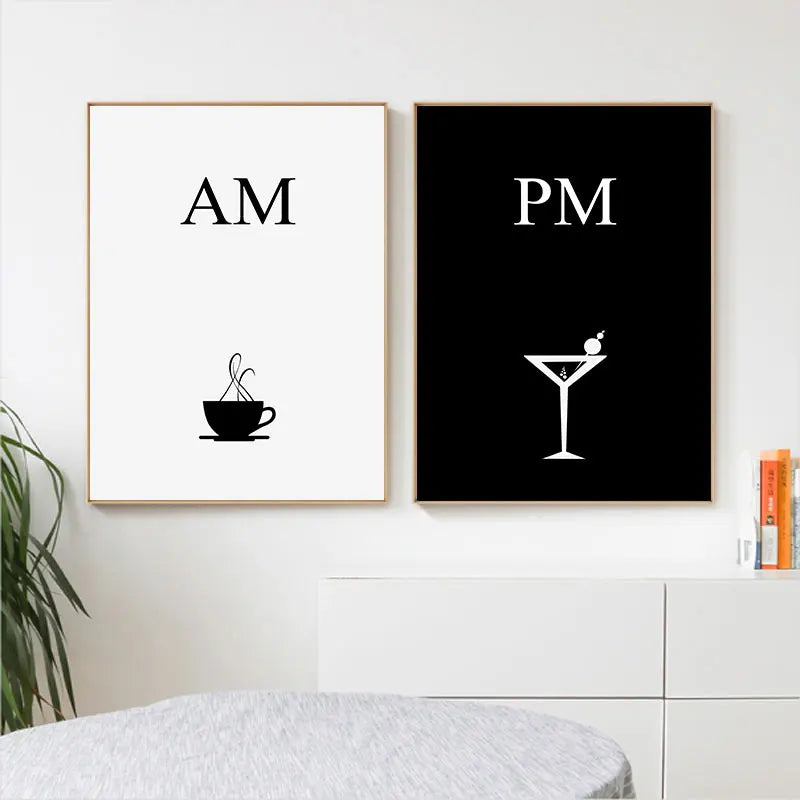 AM PM Poster Set – Modern Black and White Coffee & Cocktail Wall Art for Kitchen or Home Bar