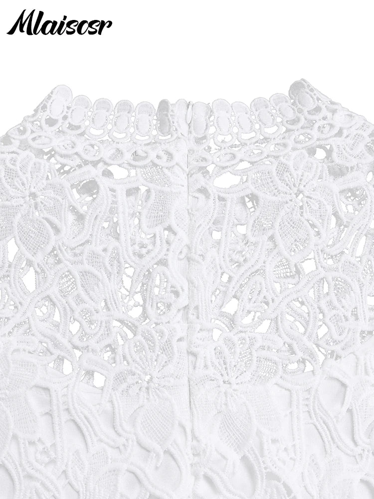 Mlaiscsr Elegant White Jumpsuits with Sashes Club Outfit for Women Lace Patchwork Short Sleeve Birthday Party One Piece Rompers