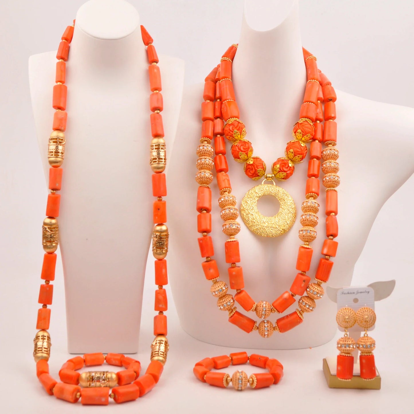 Natural coral beads orange necklace set for stylish Nigerian wedding couple African jewelry