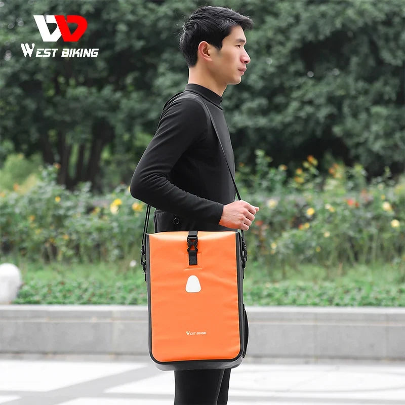 WEST BIKING Bicycle Rear Side Bag Fully Waterproof PVC Pannier Expandable 12-15L Bike Carrier Bag Quick Release MTB Shoulder Bag
