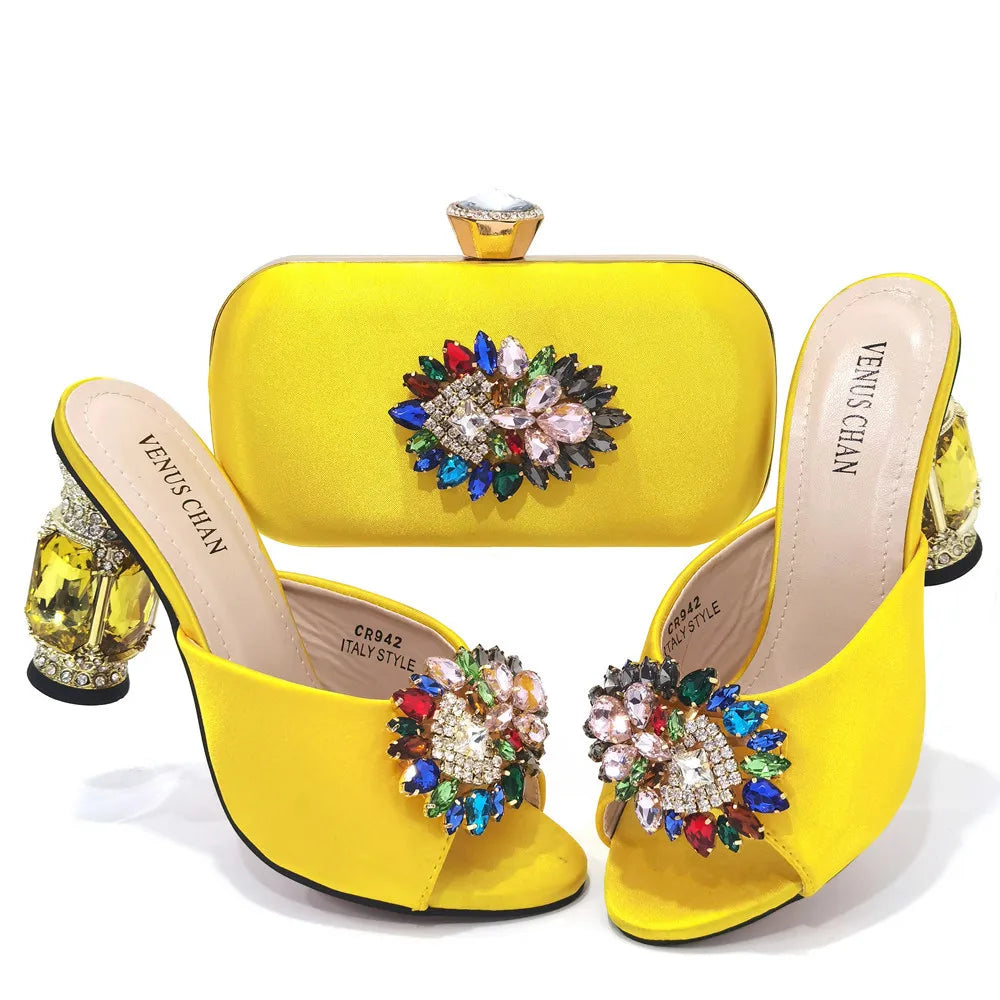 2022 Yellow Color Luxury Rhinestone Heel Fashion Party Women's High Heels Elegant Evening Sandals Wedding Bags and Shoes with