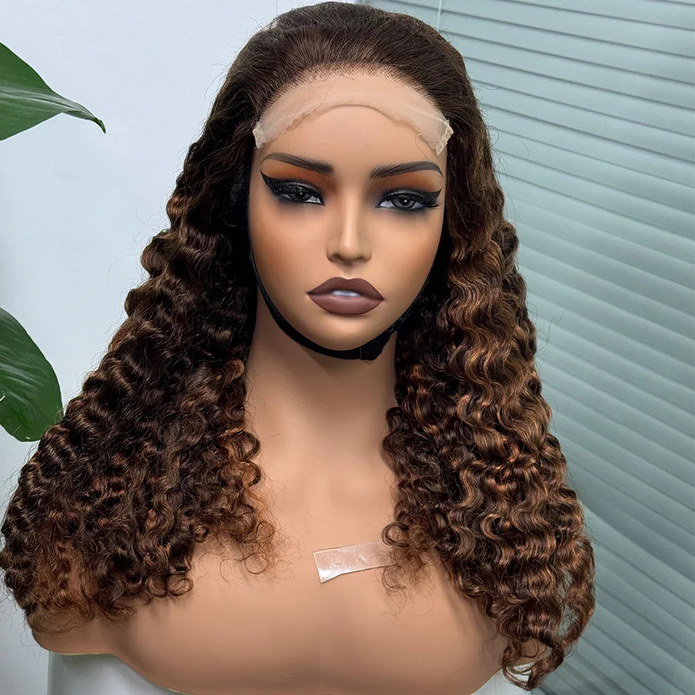 5x5 Lace 300% Density Burmese Deep Curly Hair Ombre Double Drawn Human Wig Transparent Lace Front