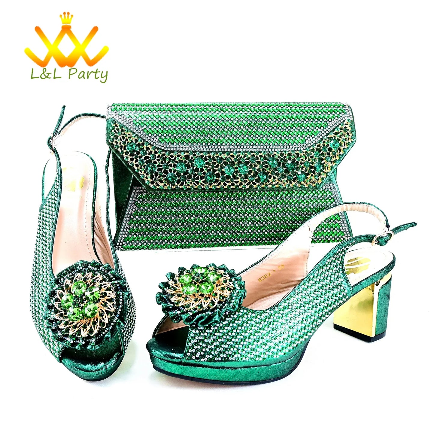 2025 Special New Arrivals Italian Women Shoes and Bag to Match in Green Color with Platform Shinning Crystal Sandal for Wedding