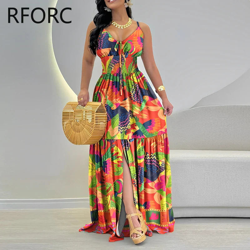 2024 Women All Over Print Spaghetti Straps Ruffle Hem Silt Maxi Casual Vacation Party Dress