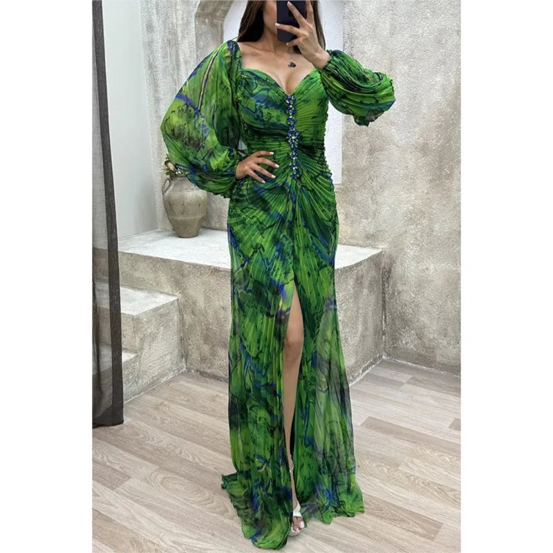 Women Floral Lantern Long Sleeve Dress Elegant Rhinestone Off Shoulder Maxi Dresses Sexy Deep V-neck  Waist Split Parties Dress