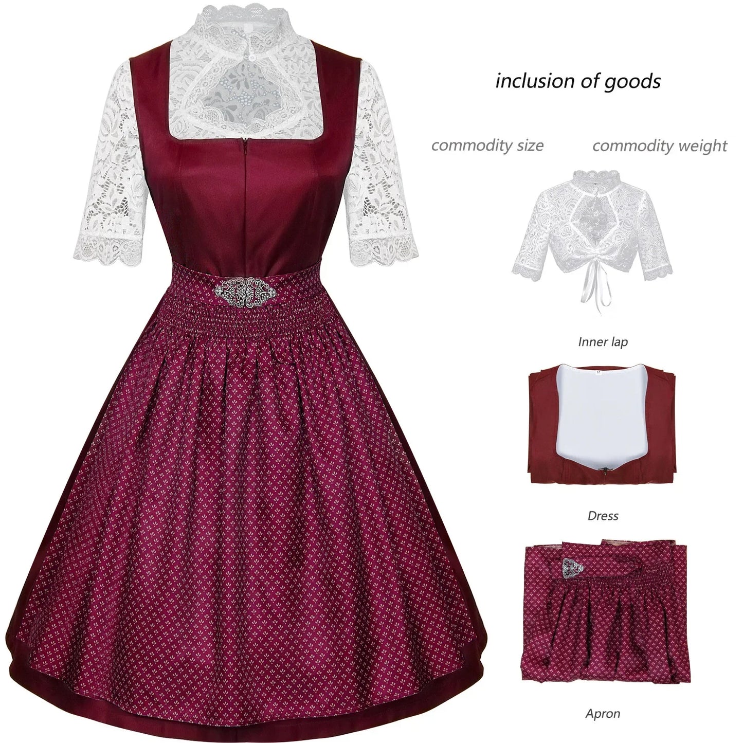 Women’s Elegant Dirndl Dress Set – Oktoberfest Bavarian Costume with Lace Blouse & Patterned Apron