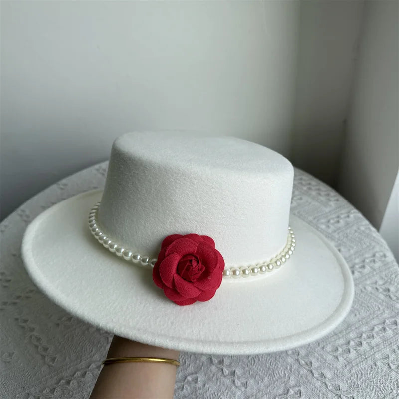 Women's Fashionable Fedora Hat 10CM Wide Brim Flat Top Felt Hats For Wedding And Jazz