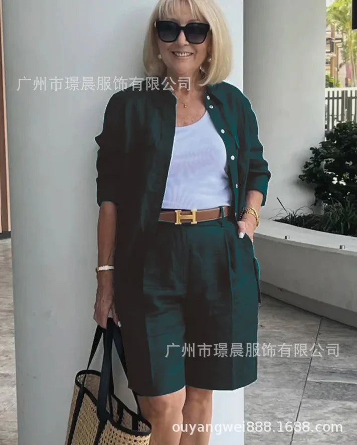 2025 Elegant 2-Piece Sets For Women Womens Cardigan Shirt Top Summer Solid Color Casual Shorts Two Piece New In Matching Sets