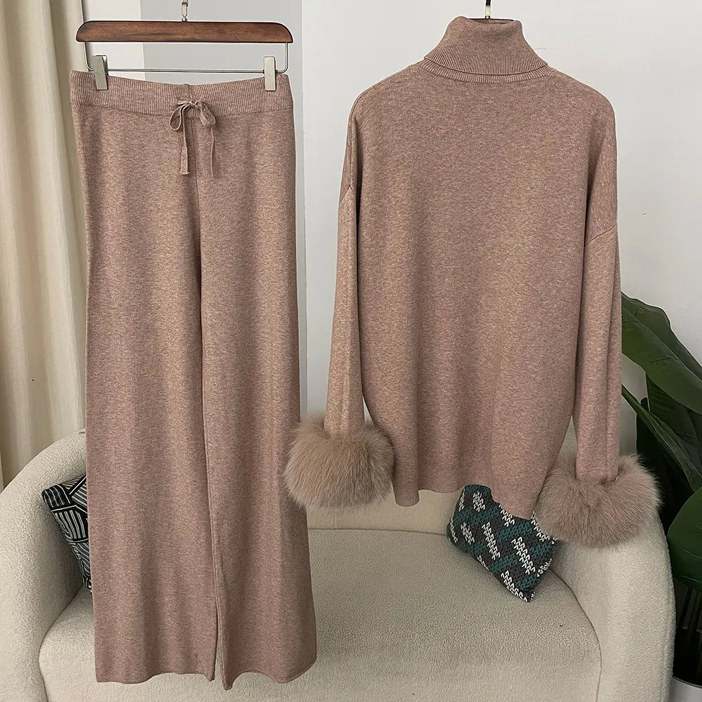 Fashion Autumn Winter Natural Real Fox Fur Cuffs Coat Knitted Sweater Women Long Pants Set Jacket Thick Warm