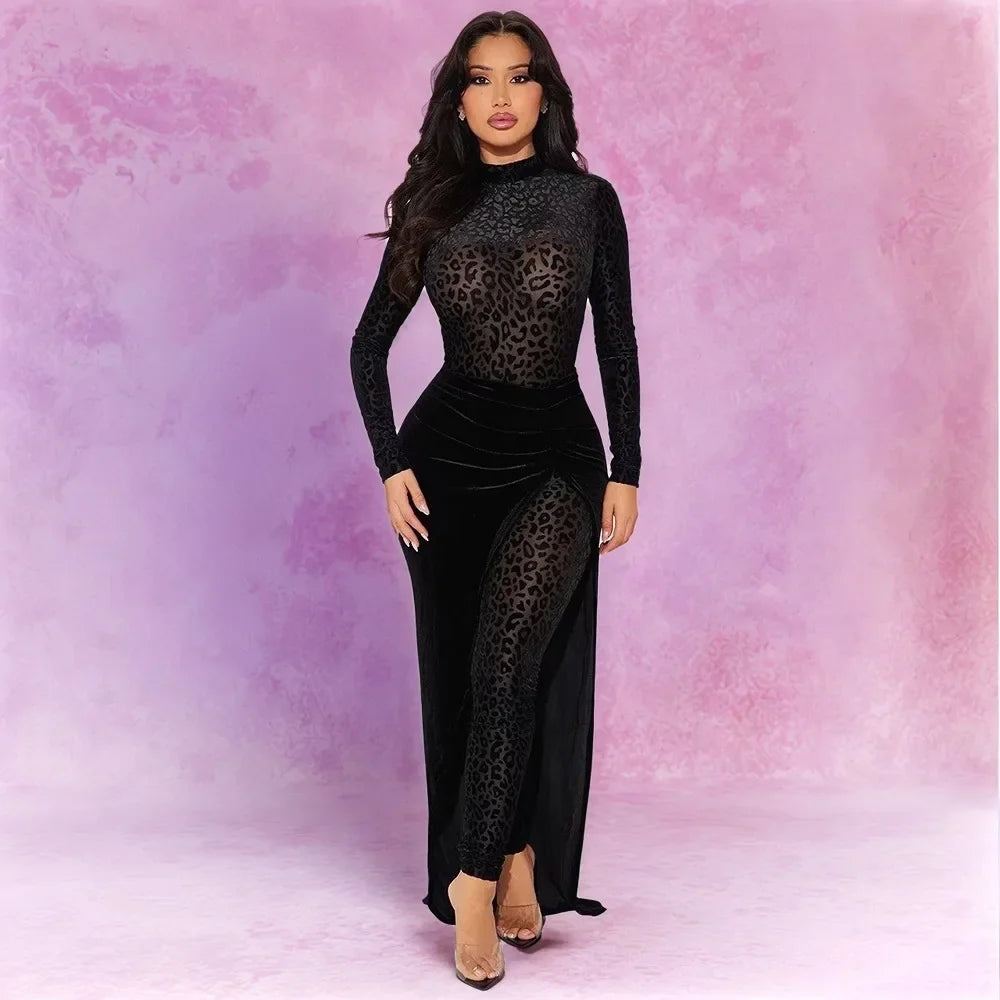 CM.YAYA Women's Set Leopard Velvet Long Sleeve Jumpsuits +Long Skirts 2025 Spring Streetwear Sexy Party Two 2 Piece Sets Outfits