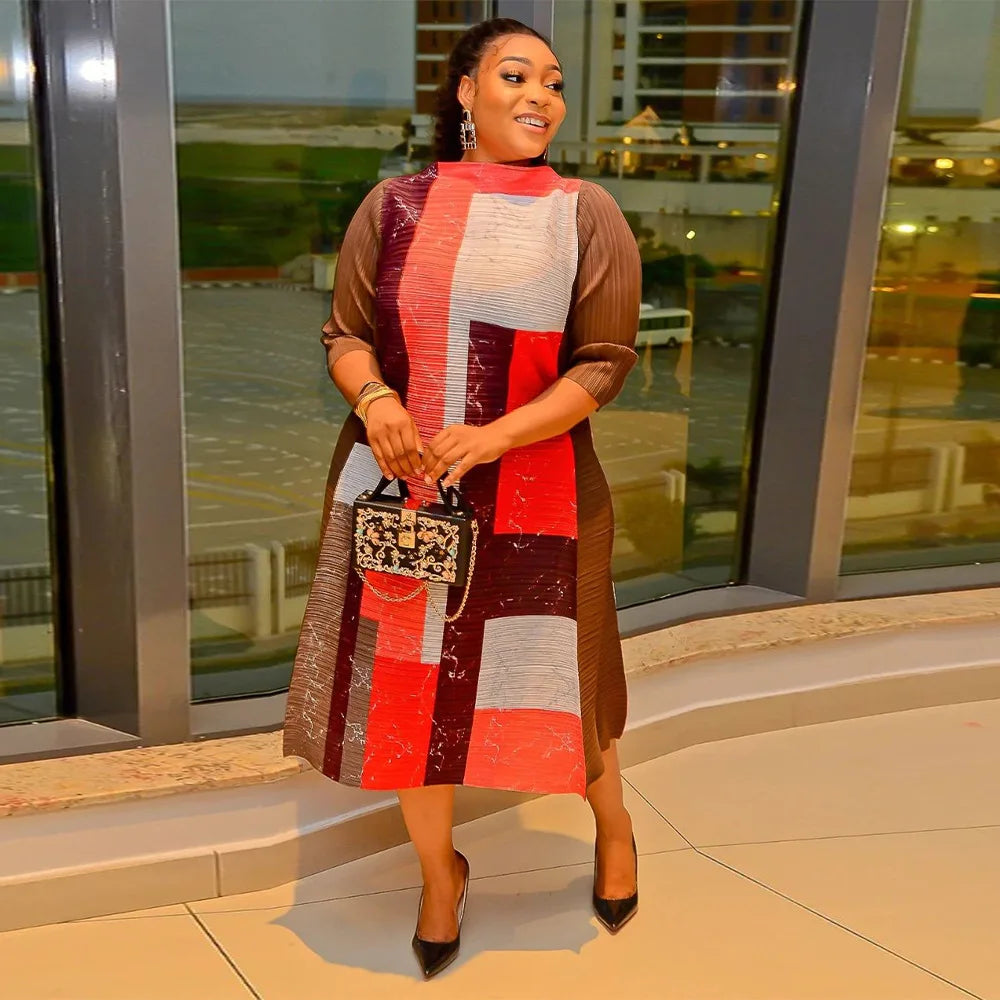2023 Fashion African 3/4 Sleeve Polyester Plus Size O-Neck Pleated Long Dress Dashiki African Clothes African Dresses for Women