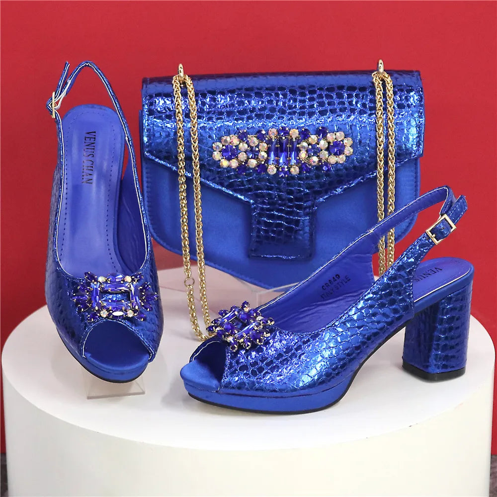 Women's Open Toe Heels Fashionable Rhinestone Decoration Shoe and Bag Set
