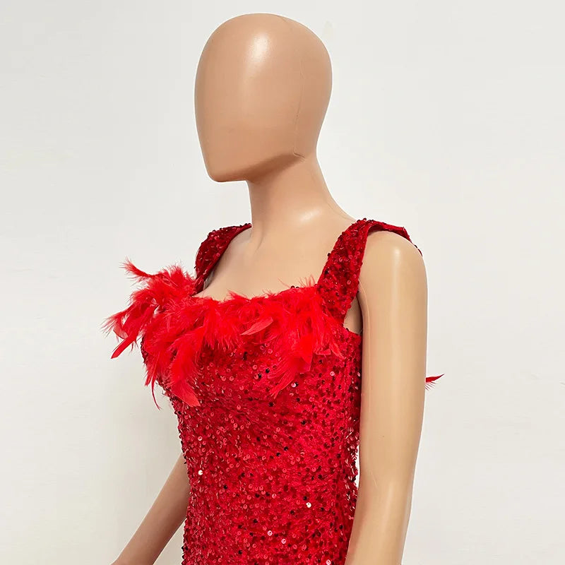 Spring And Summer Women's Clothing MINI Short Solid Color New Wind Sequins Halter Beach Dress One-word Shoulder Feathers Spice G