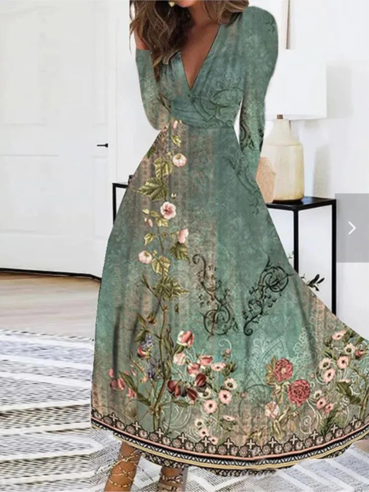 Autumn Floral Elegant Party Long Dress For Women Sexy Deep V Neck Long Sleeve Slim White Print Casual Maxi Dresses 2024 Spring