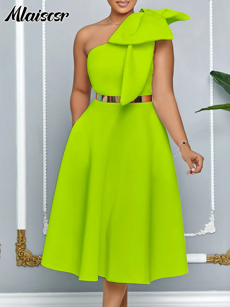 Mlaiscsr Woman One Shoulder Bow High Waisted Birthday Party Wedding Elegant A Line Pleated White Mid Dresses with Belt Outfits
