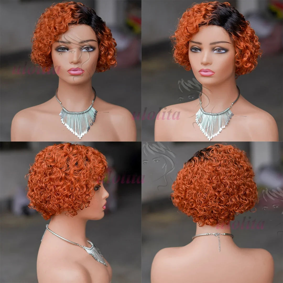 Ombre Blonde T1B27Pixie Cut Short Curly Bob Side Part Non Lace Front 100% Brazilian Human Hair Wigs