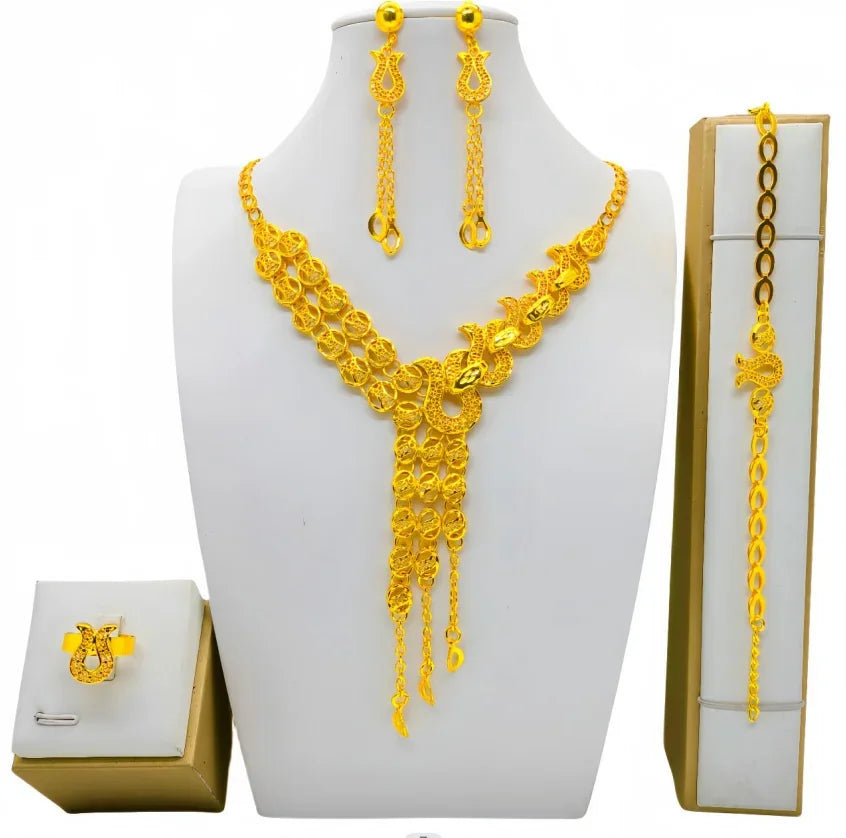 Fashion Dubai Flower Design Luxury 24k Gold Color Women's Jewelry Set African Fashion Bracelet Earrings Necklace Ring Four Piece