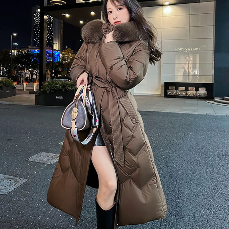 Women's Winter Warm White Duck Down High Quality Natural Fur Collar Jacket