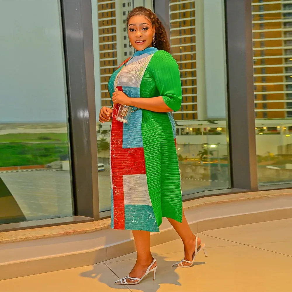 2023 Fashion African 3/4 Sleeve Polyester Plus Size O-Neck Pleated Long Dress Dashiki African Clothes African Dresses for Women