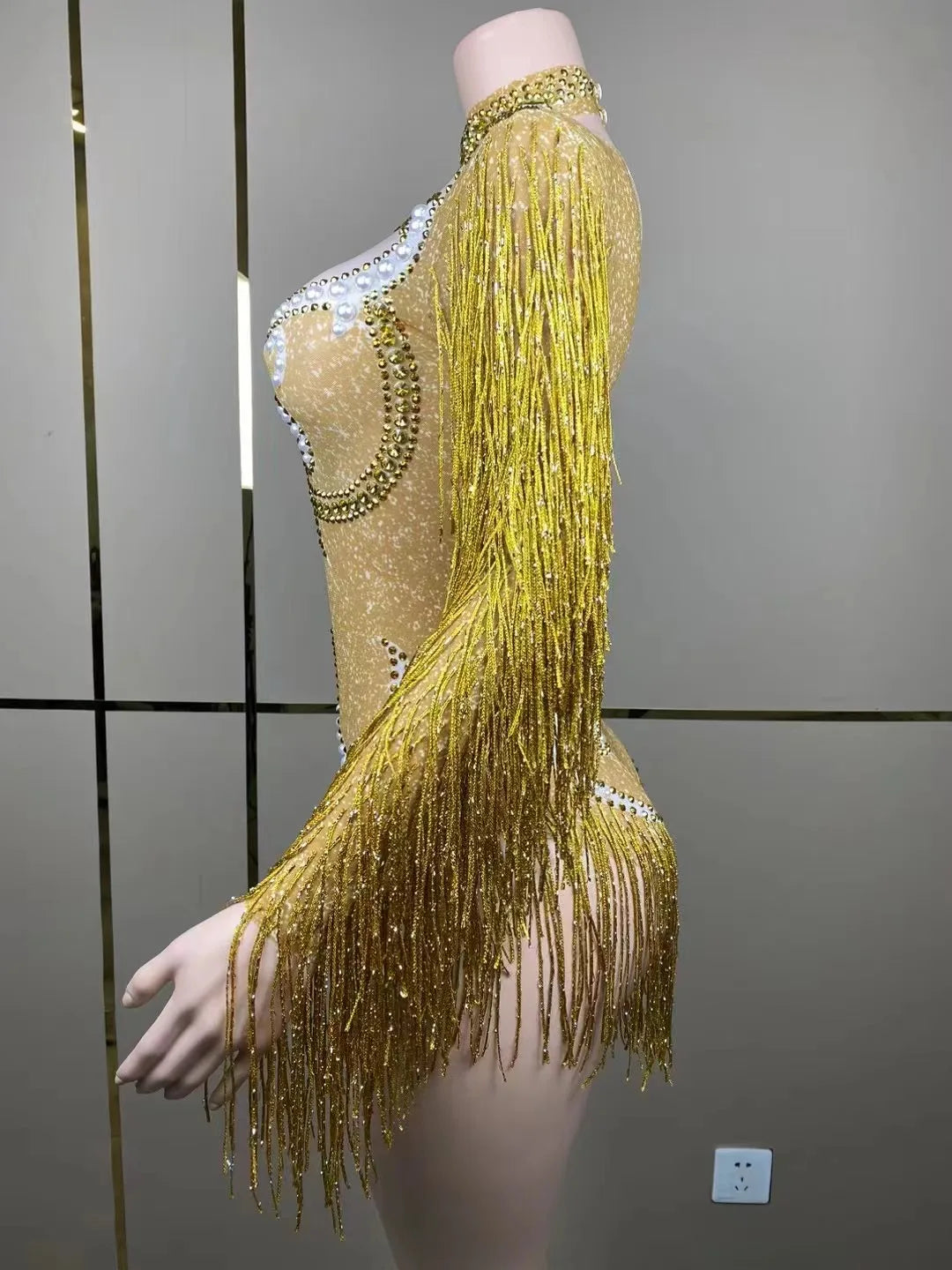 Stage Latin dance cha-cha dance practice suit stretch slim skirt fringe flash small diamond pearl design suit