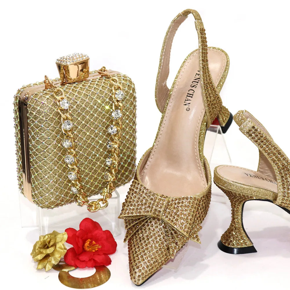 Women's Elegant Embellished Shoes and Bag Set Pointed Toe Pumps for Wedding Party