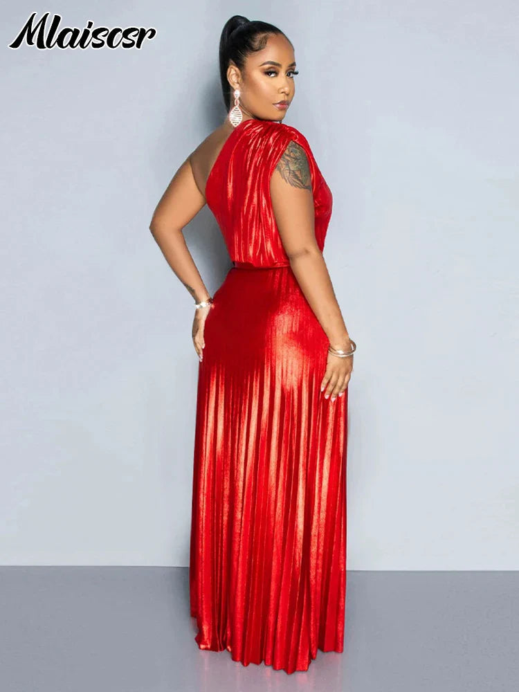 Women's Metallic Golden One Shoulder Sleeveless Pleated A-Line Long Dress Elegant Luxury Evening Gowns