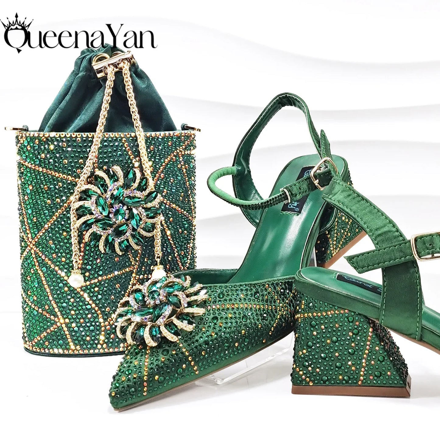 QSGFC High-end Women's Shoes with Diamond Oval Stand Bag Popular in Nigeria Women's High Heels for Special Day