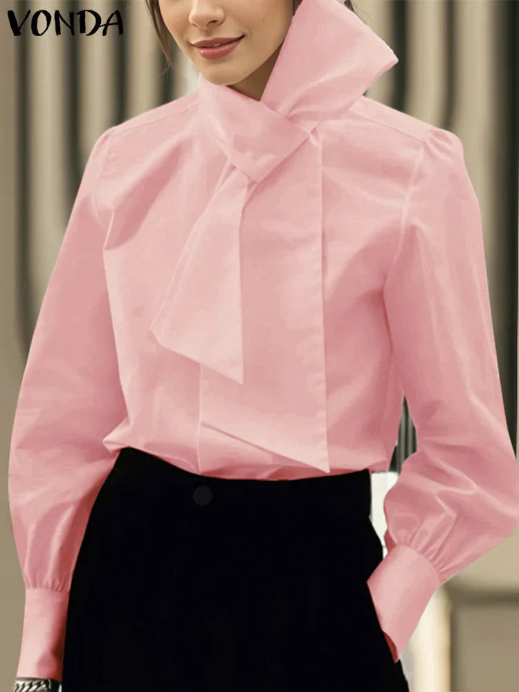 Plus Size 5XL VONDA Elegant Blouses Women Tops Streetwear Solid Color Casual Bow Collar Blusas 2024 Female Long Sleeve Shirts