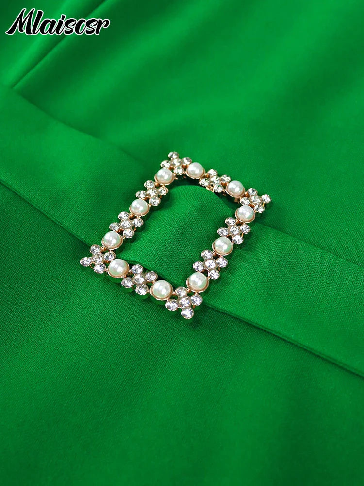 Mlaiscsr Elegant Office Lady Dresses for Women Green O Neck Pearl Mesh Lantern Sleeve Belt A-line Celebrate Event Party Gowns