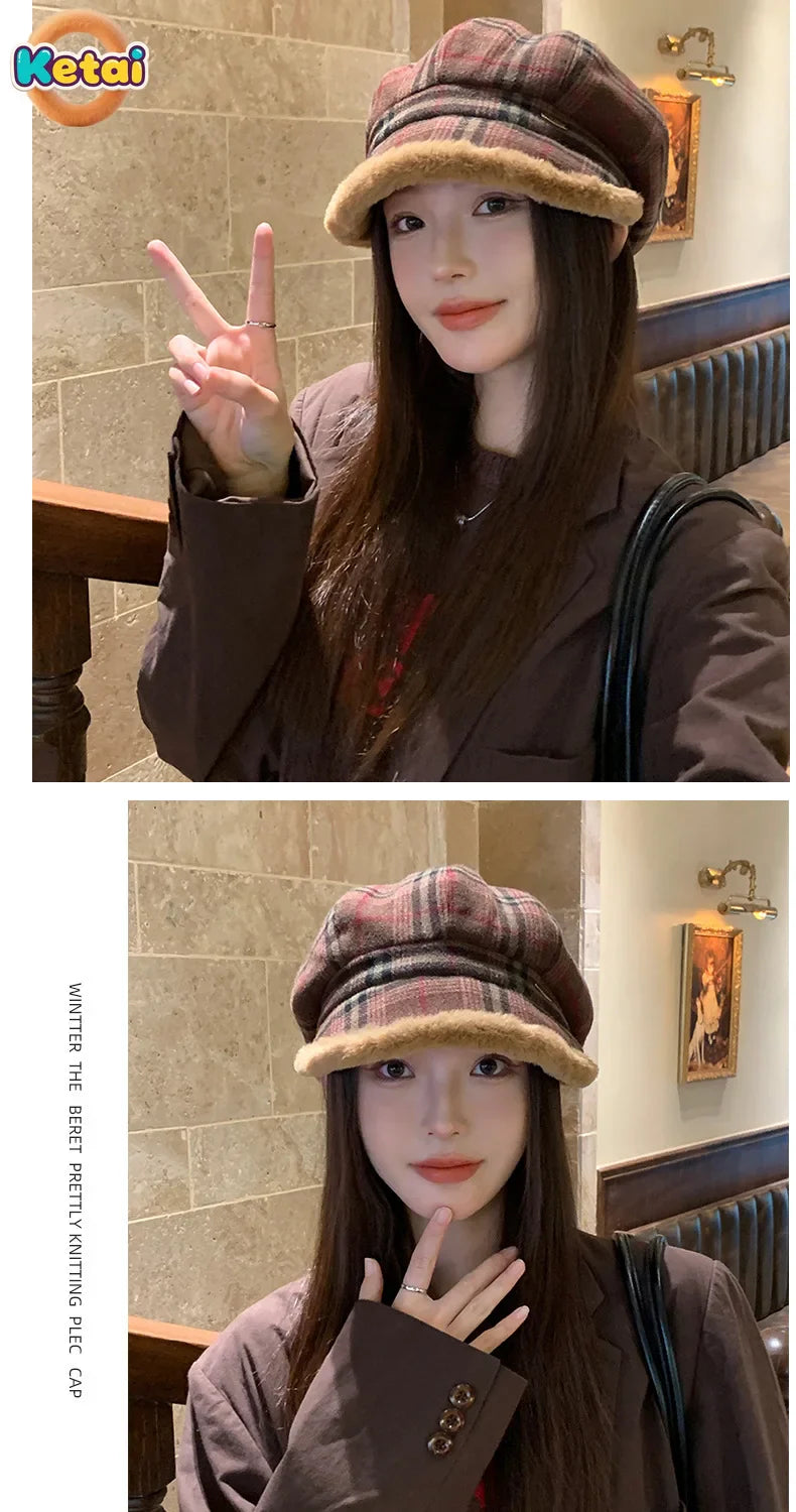 Winter Vintage Plaid Plush Warm Octagonal Women's Hat