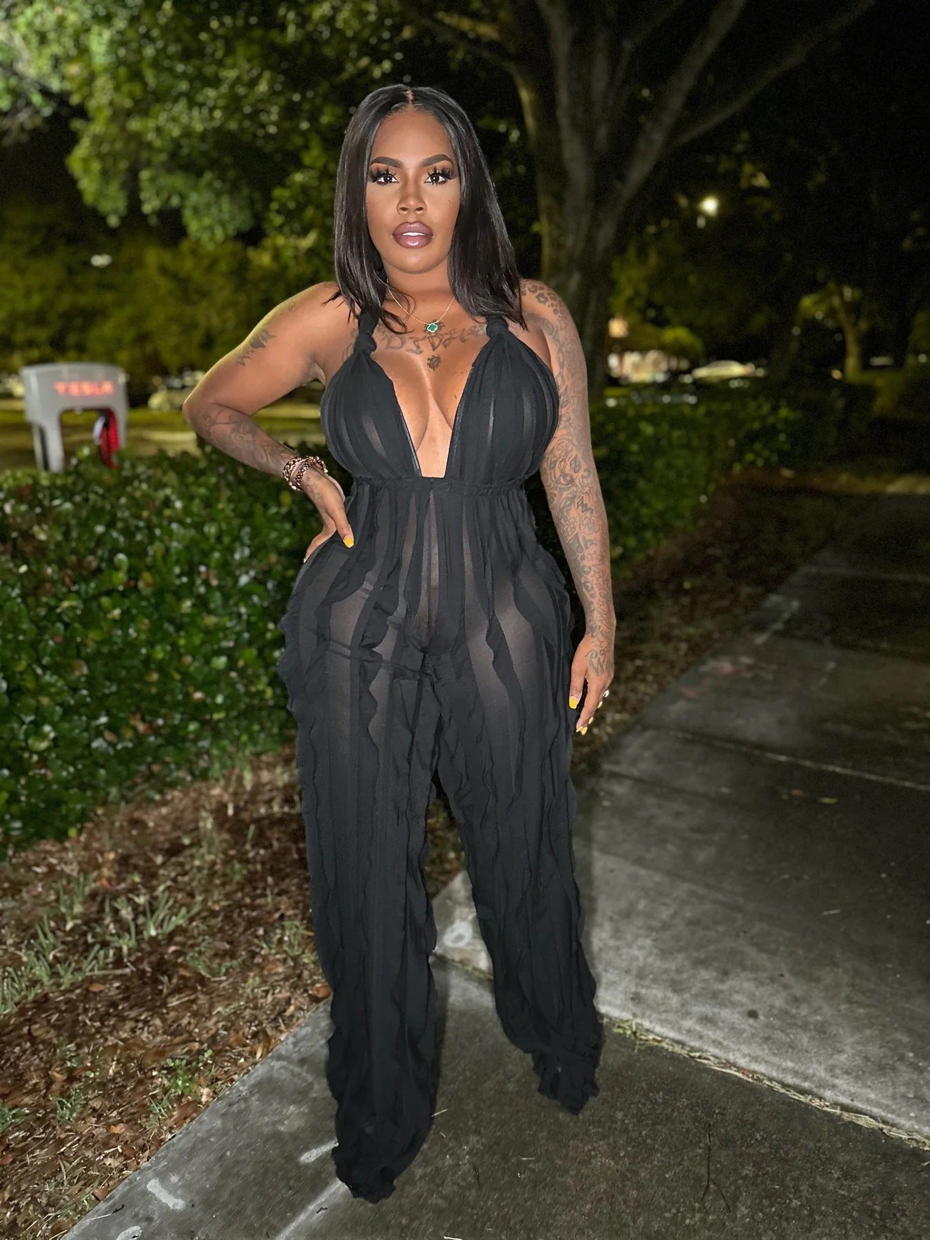 CM.YAYA Fashion Women Wave Ruffles Halter Deep V-neck Backless Sleeveless Wide Leg Jumpsuit 2023 Sexy Party Club Romper Playsuit