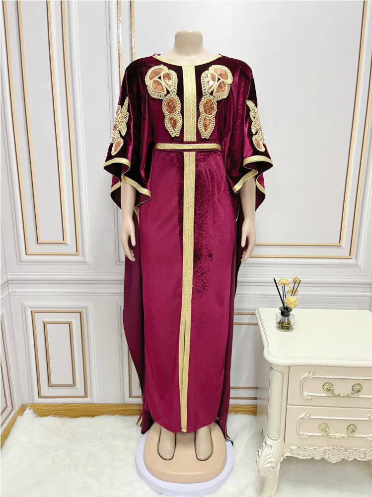 Ramadan Luxury Muslim Fashion Bat Sleeve Moroccan Turkiye Dubai Dress Middle East Arab Dress Sequins Golden Velvet Long Dress