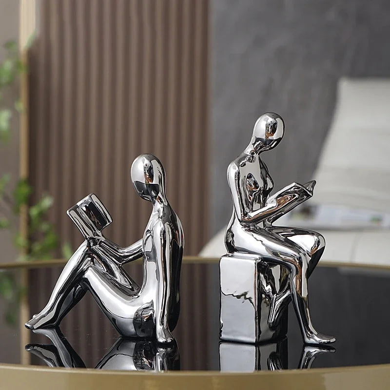 Modern Ceramic Reading Couple Bookends – Gold or Silver Abstract Sculptures (Set of 2)