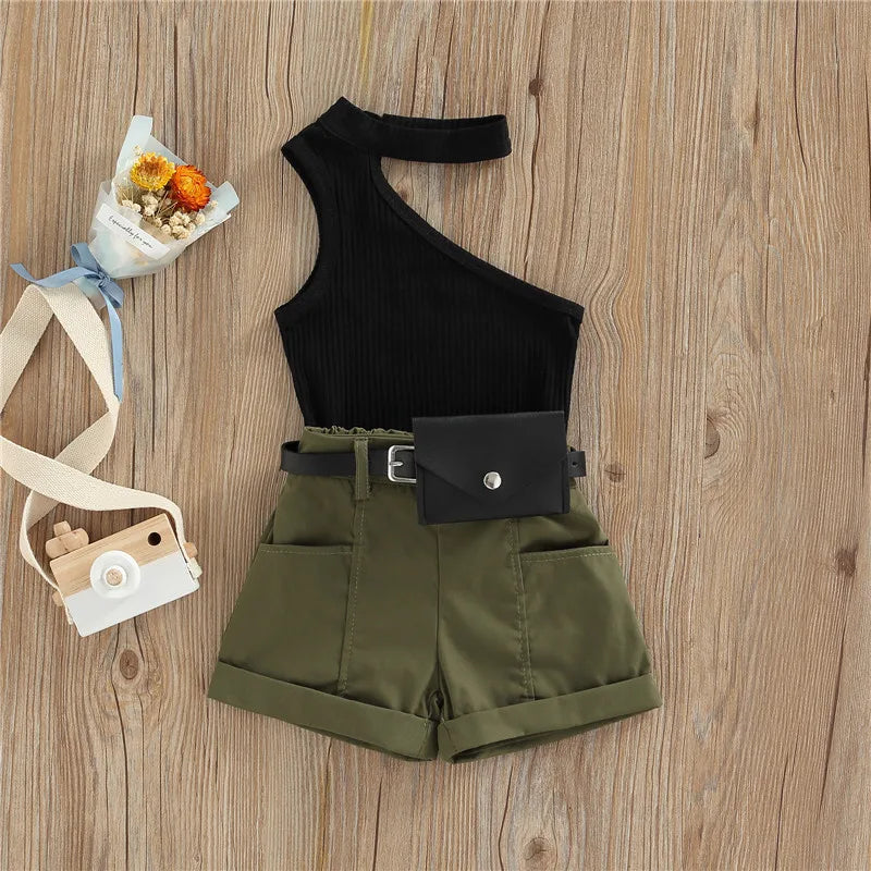 1-5 Years Infant Girl Casual Set Tanks Tops + Shorts + Waist Bag Pockets Decoration Casual Style Girls Summer Clothing Set