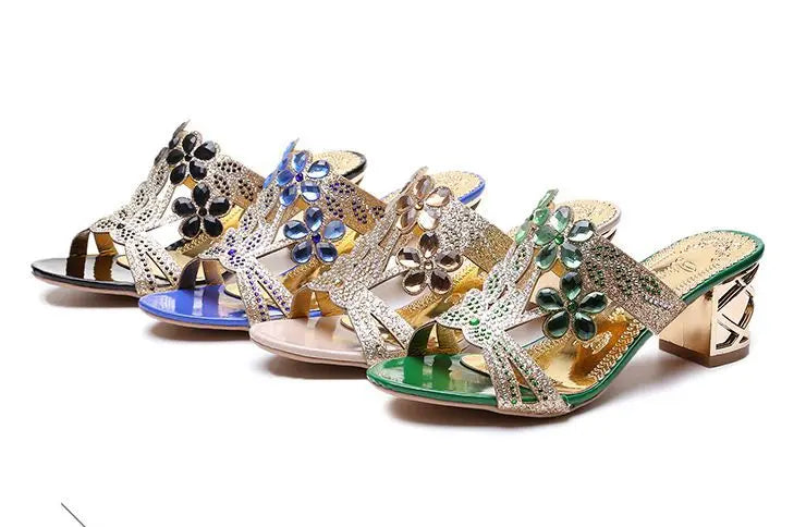 2021 New Hot Glitter Mesh Women Sandals Summer Fashion Outdoor Peep Toe Casual Beach Slippers Thick Heel Slip on Women Sandals