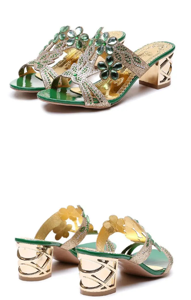 2021 New Hot Glitter Mesh Women Sandals Summer Fashion Outdoor Peep Toe Casual Beach Slippers Thick Heel Slip on Women Sandals