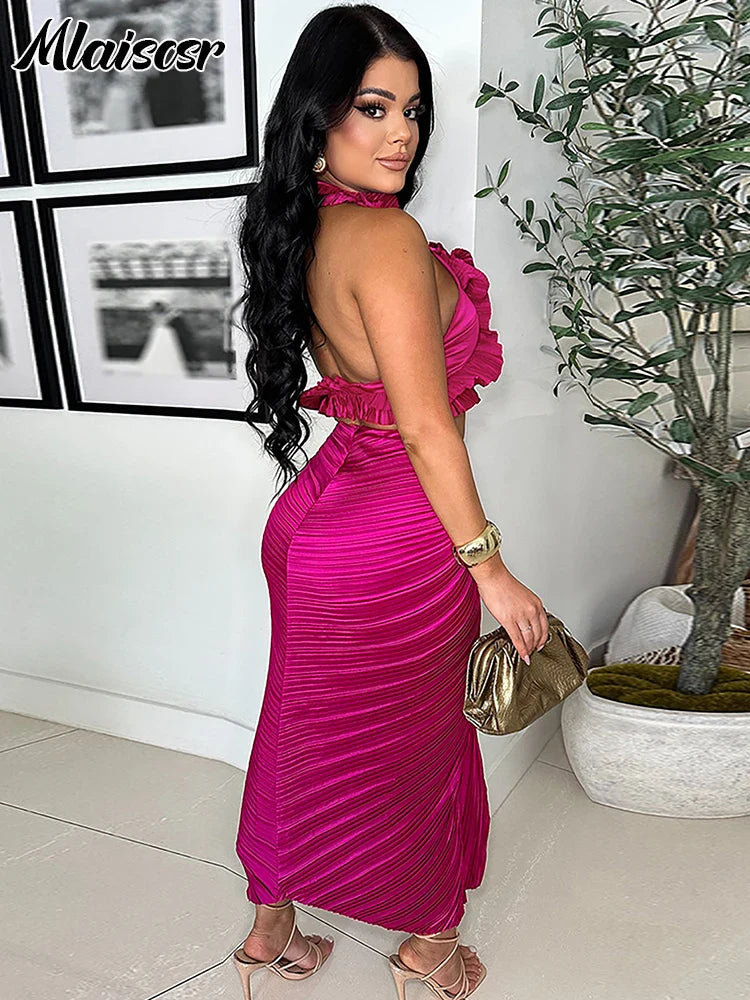 Mlaiscsr Elegant Pleated Ruffle Black Dress Set for Women Sexy Crop Top and Split Skirts Two 2 Piece Matching Club Prom Outfits